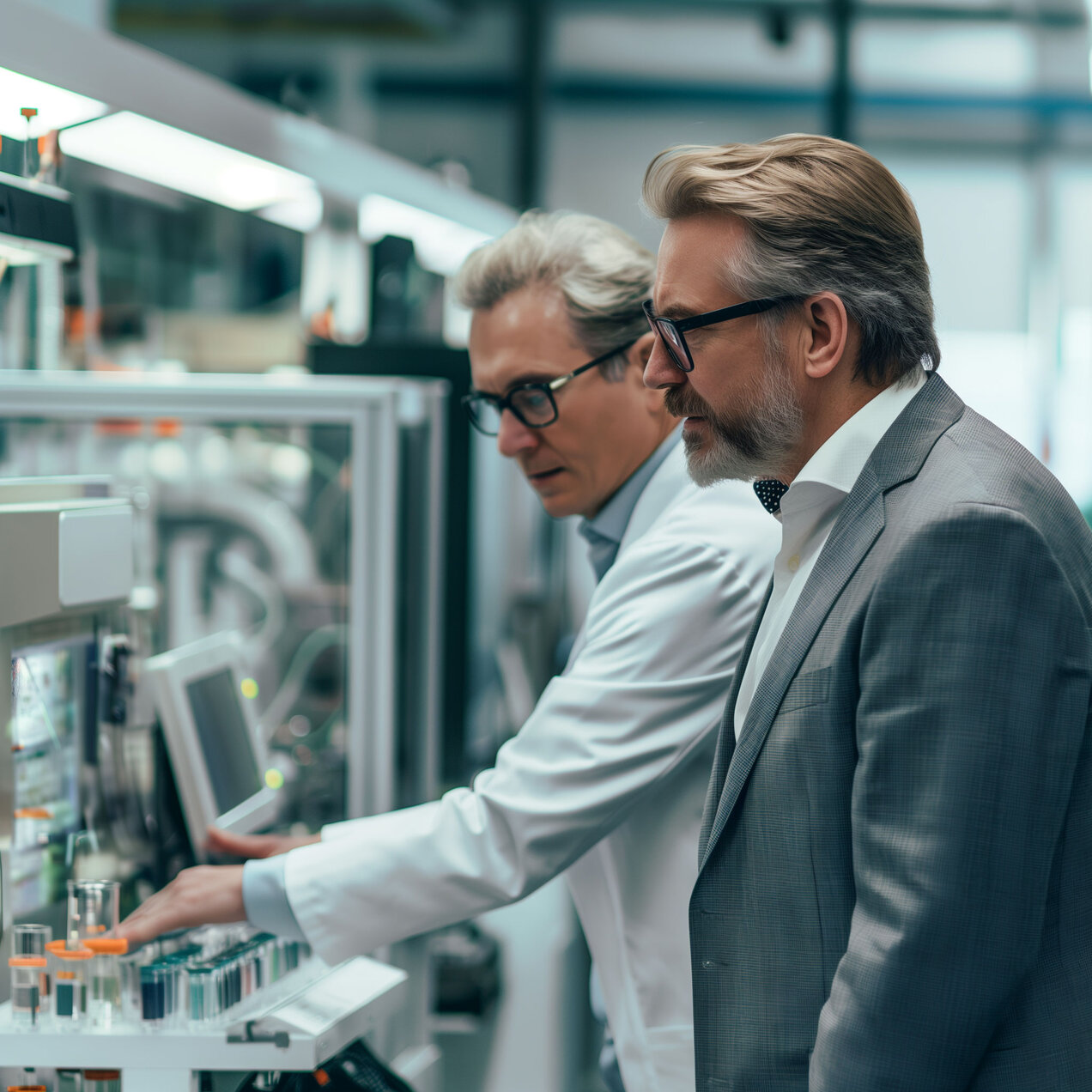 M&A consultant specializing in medical technology, talks to his client, a scientist in a white coat. Symbol photo for consulting, mergers, acquisitions, M&A, company sale